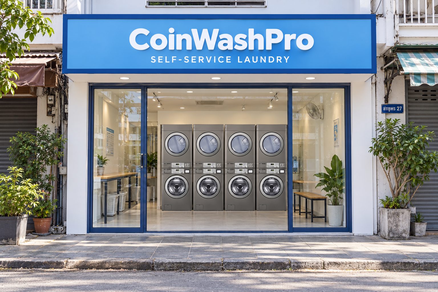ภาพจำลองด้วย AI: หน้าร้าน CoinWashPro พร้อมเครื่องซักล่างอบบน