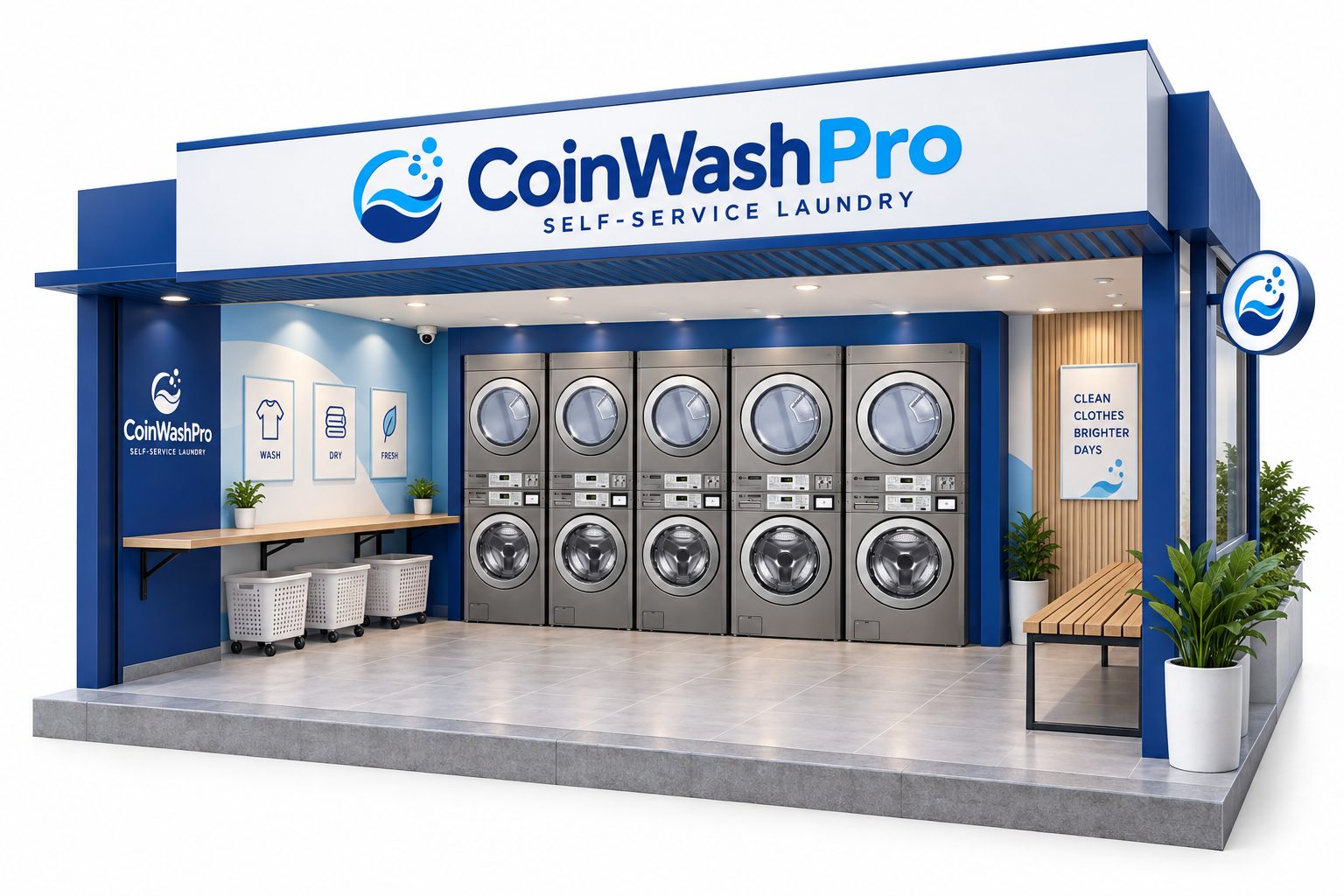ภาพจำลองด้วย AI: ร้าน CoinWashPro แบบ Stack L มีเครื่องซักล่างอบบน 5 ชุด
