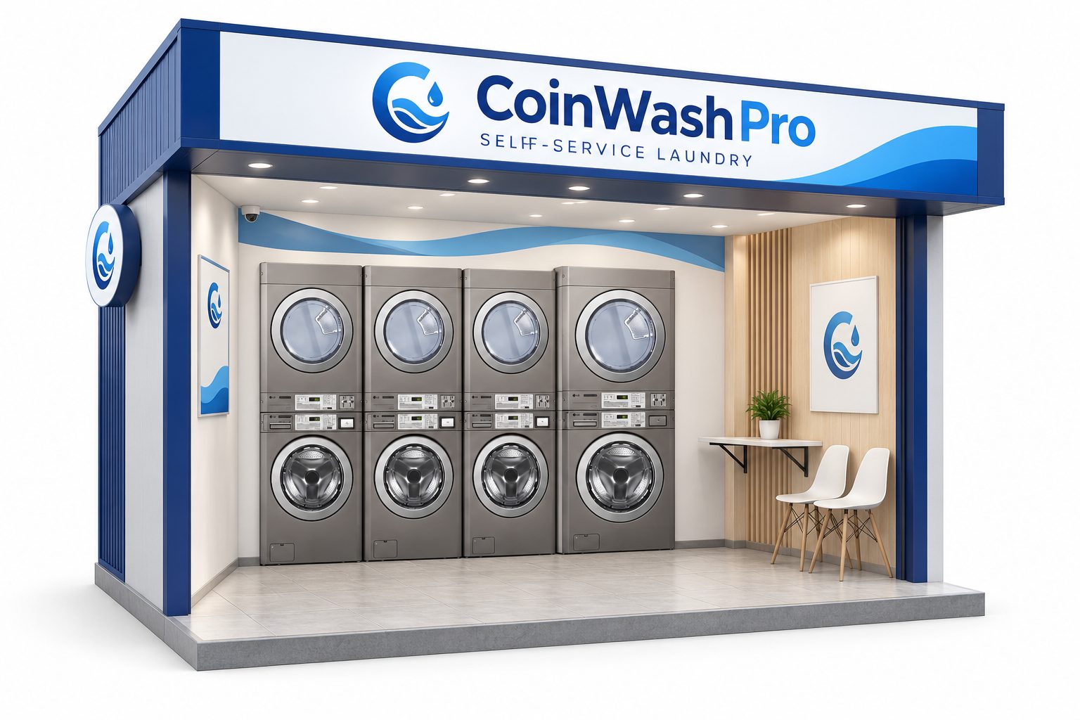 ภาพจำลองด้วย AI: ร้าน CoinWashPro แบบ Stack M มีเครื่องซักล่างอบบน 4 ชุด