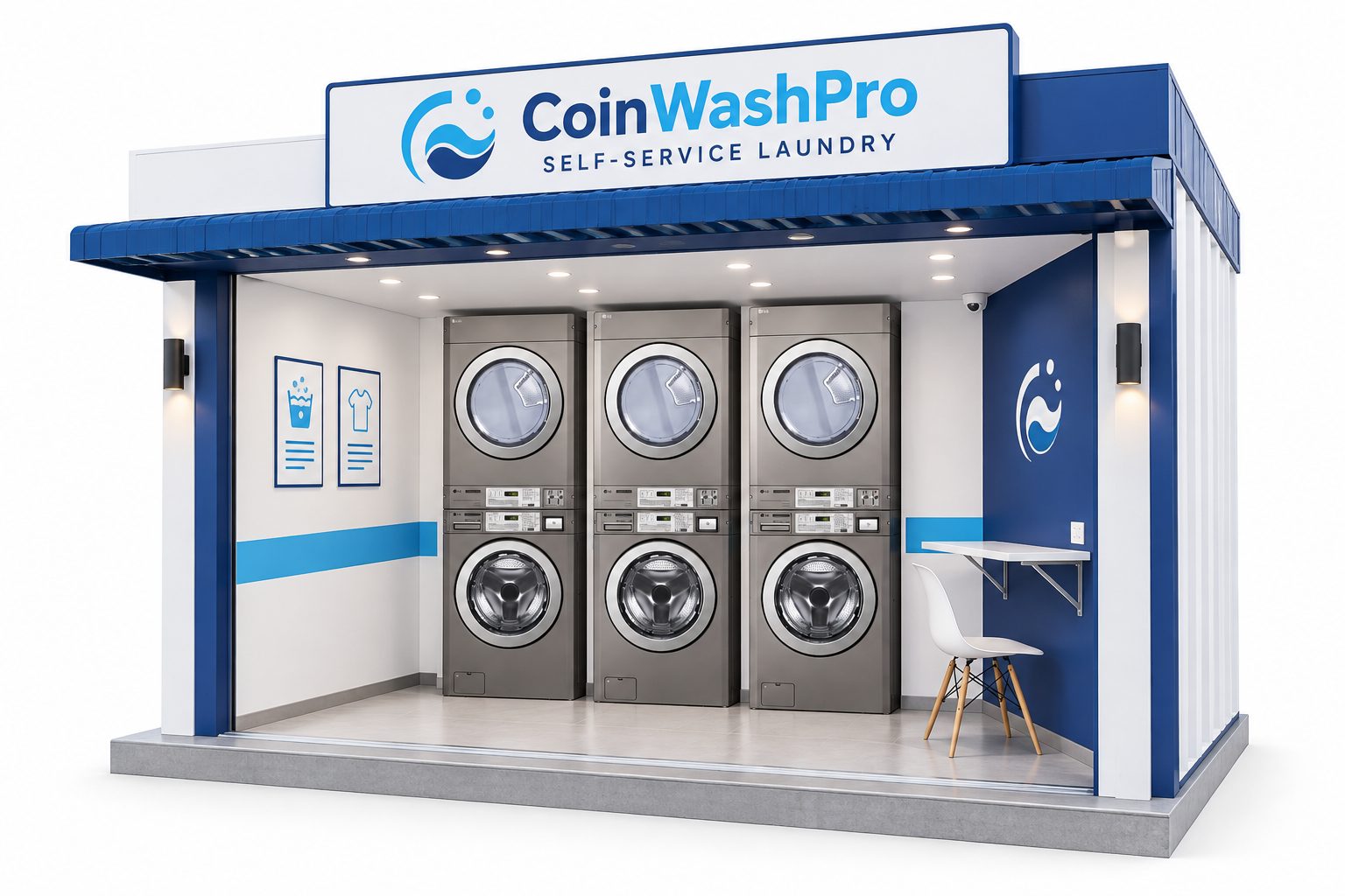 ภาพจำลองด้วย AI: ร้าน CoinWashPro แบบ Stack S มีเครื่องซักล่างอบบน 3 ชุด